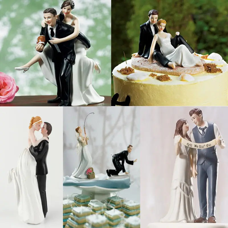 figurine en résine pour le gâteau de mariage représentant le couple marié (la mariée et le mari) en noir et blanc, mettant en scène des couples en tenue de cérémonie dans diverses poses.