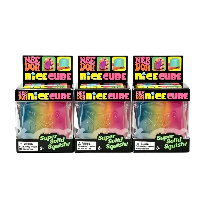 Rainbow-colored translucent nee doh cube squishy sensory fidget toys in clear packaging viewed from the front