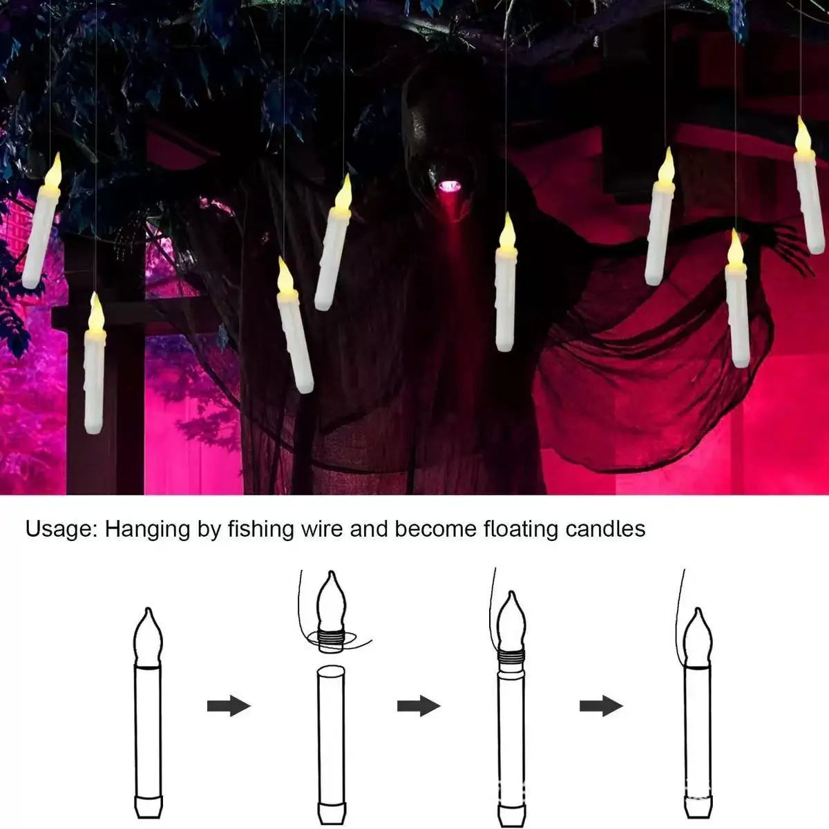 Halloween LED Floating Candles Magic Wand Remote Hanging Operated Potter Harries Battery Floating Candles Warm Light Decoration