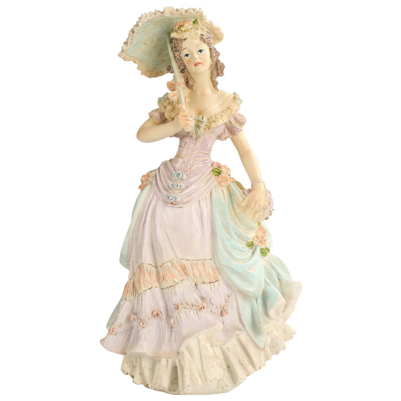 A delicate porcelain Victorian couple resin figurine home decor featuring a woman in an elegant layered pastel gown with floral accents holding a matching parasol.