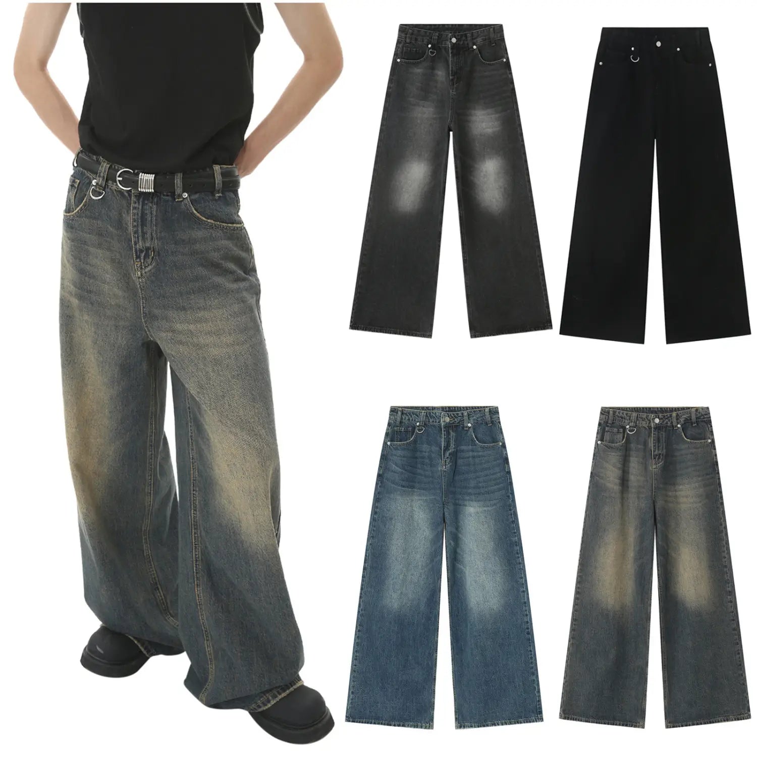 Men’s vintage wide leg baggy denim jeans in faded dark wash with subtle distressing and contrasting stitching made from durable denim material.