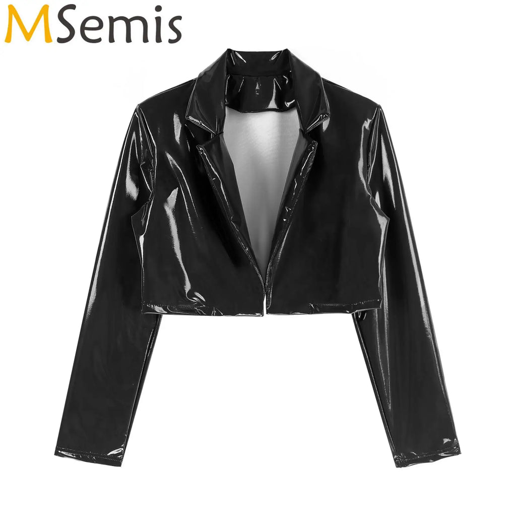 Mens Wet Look Long Sleeve Cropped Coat Lapel Patent Leather Jacket Motorcycle Coats Stage Performance Rave Party Costumes