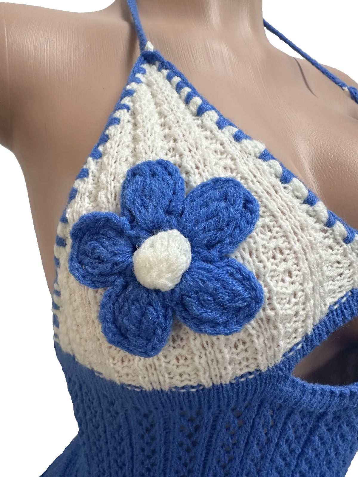 Women Rompers Knitted Jumpsuits Ruffle Hem Flower Hollow Out Halter Collar Mid Waist Mini Length Pants Slim Fit Sexy 2026 Summer