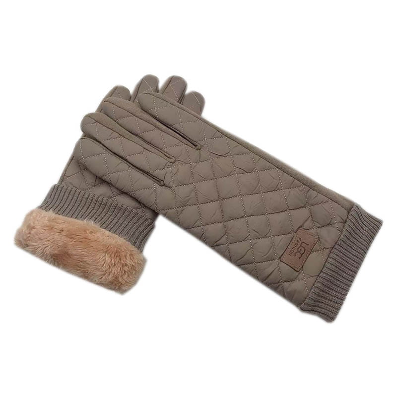 Gants d’hiver pour femmes en écran tactile thermiques matelassés beige, avec bordure en fausse fourrure et poignets tricotés côtelés.