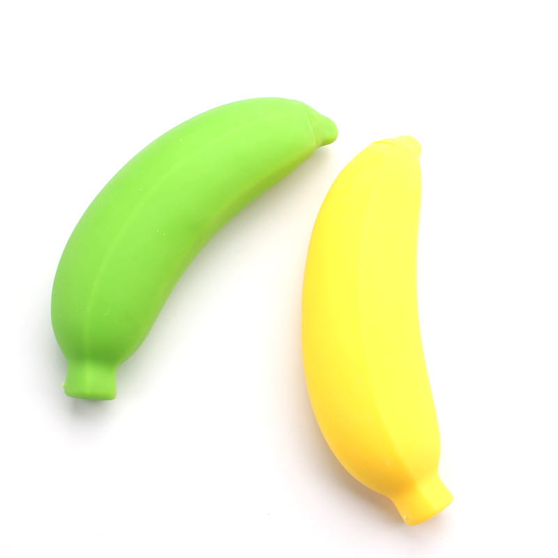 Two silicone banana toys slow rising stress relievers in bright green and vibrant yellow shown from a front angle.