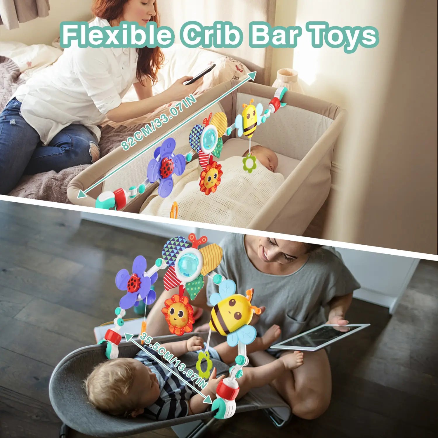 flexibles Gitterstangen-Spielzeug für das Babybett mit farbigen weichen Kunststoff-Tier- und Blumen-Anhängern in leuchtendem Gelb, Blau, Violett und Rot, ausgelegt als Fahrwagenbogen-Spielzeug für sensorische Aktivitäten für Babys