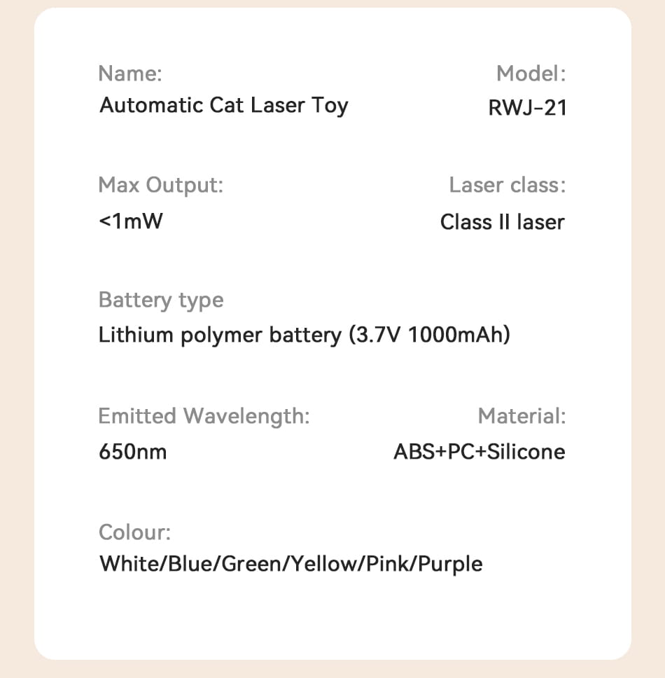 automatic cat laser toy rwj-21 with class ii laser under 1mw output and 650nm wavelength in white blue green yellow and pink constructed from abs pc and silicone materials for interactive play toys type