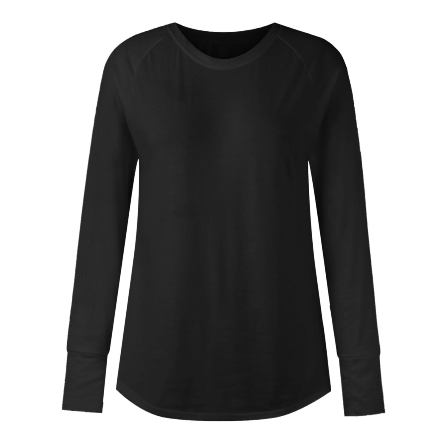 black long sleeve women’s cotton tunic top with round neck and raglan sleeve length in solid pattern type