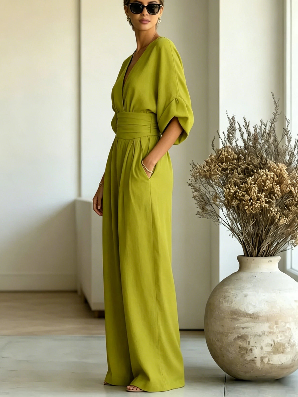 Women V Neck Jumpsuit Batwing Short Sleeve Wide Leg Long Pants Romper Elastic Waist Pleated Casual Party Jumpsuit Multiple Color