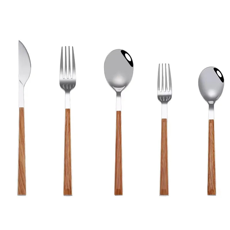 Stainless Steel Dinner Cutlery, Knives, Forks, Spoons, Black Wooden Texture Handle, Home Party Tableware, Steak Knife