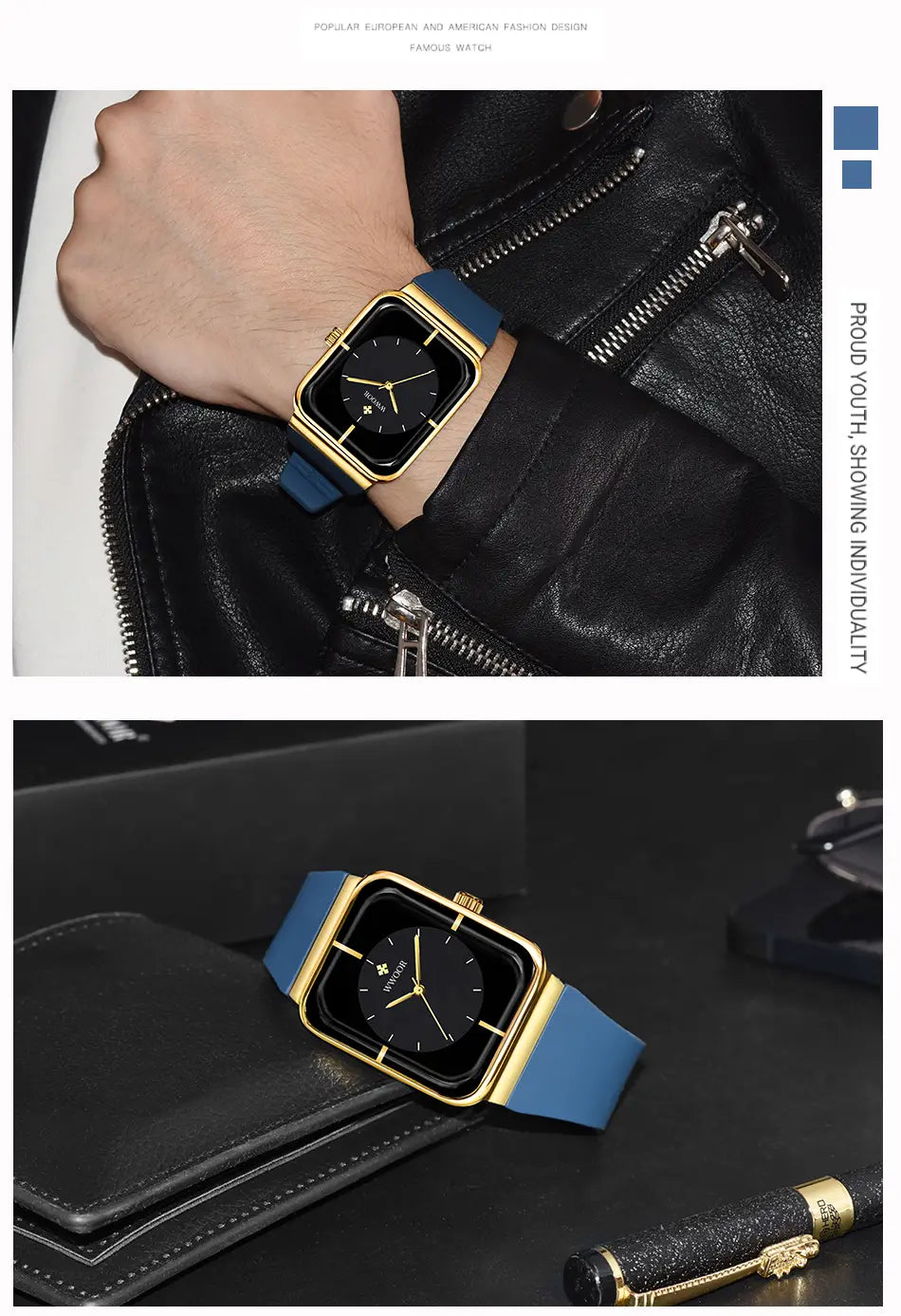 Wwoor gold rectangle quartz watch featuring a gold-toned rectangular case with a black dial and blue silicone strap.