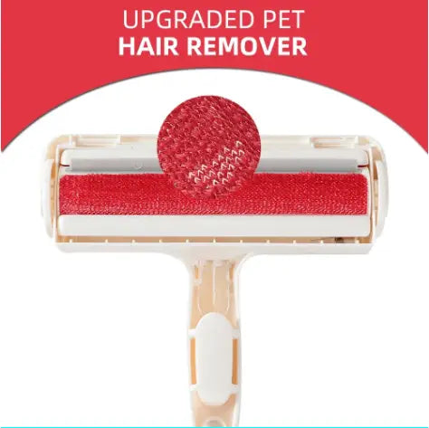 Rodillo removedor de pelo de mascotas con superficie adhesiva roja con textura y mango de plástico blanco para muebles y alfombras.