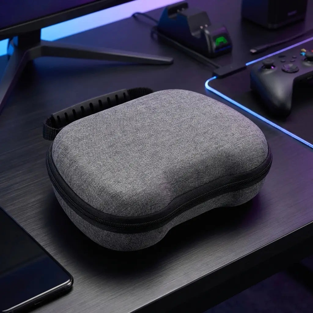 Estuche rígido de almacenamiento con textura gris, cremallera negra y asa, diseñado para auriculares de juego con mando ps5 y xbox.