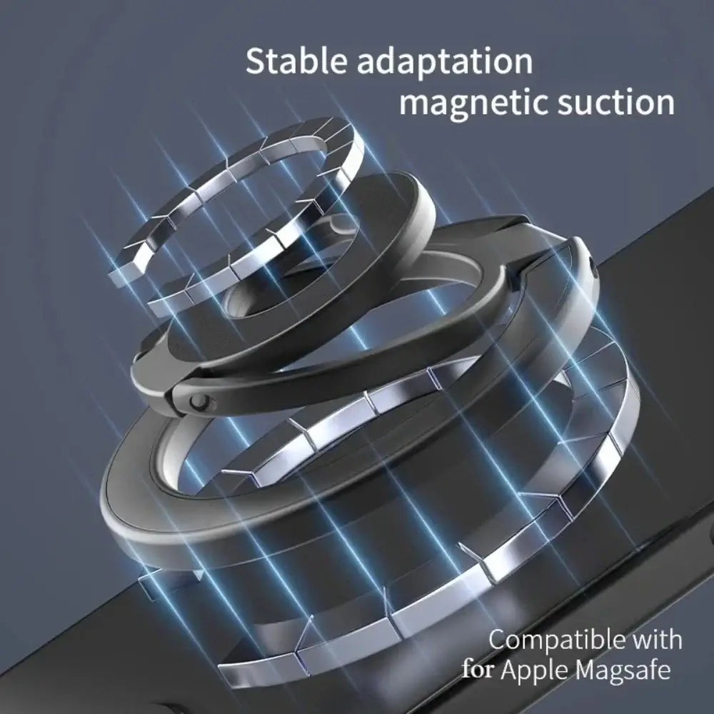 Silver metallic magnetic phone stand ring holder with sleek segmented design and interlocking rings, front view