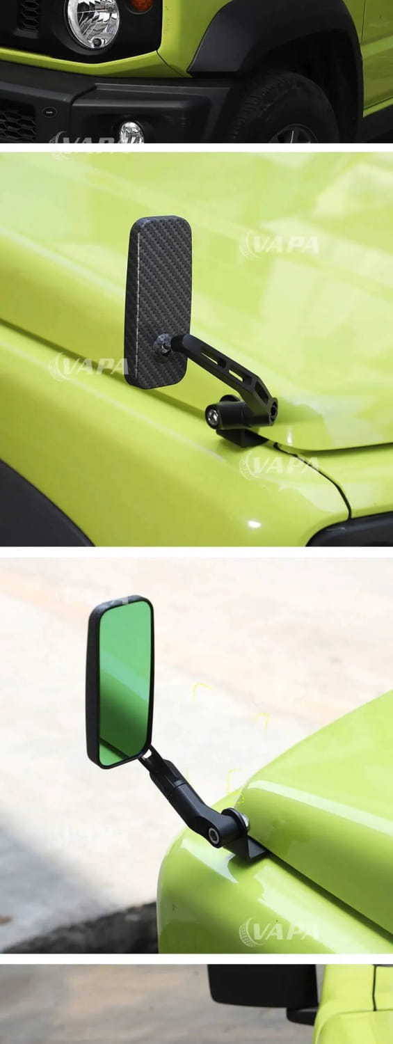 Espejo retrovisor lateral ajustable con textura de fibra de carbono negra y brazo montado en el espejo retrovisor del capó del Suzuki Jimny verde lima del vehículo 2019+.