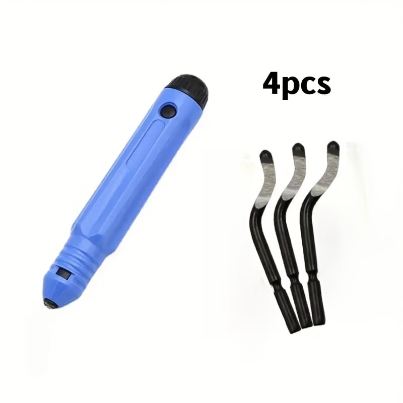 Blue plastic handheld resin epoxy trimming tool with black caps and four interchangeable metal tips for manual jewelry cutting and engraving.