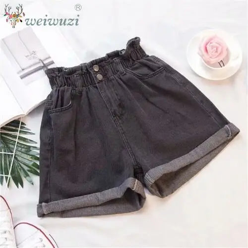 Women Casual High Waist Denim Shorts Elastic Waist Comfortable Wide Leg Rolled Hem Jean Shorts Girls Summer Vacation Streetwear