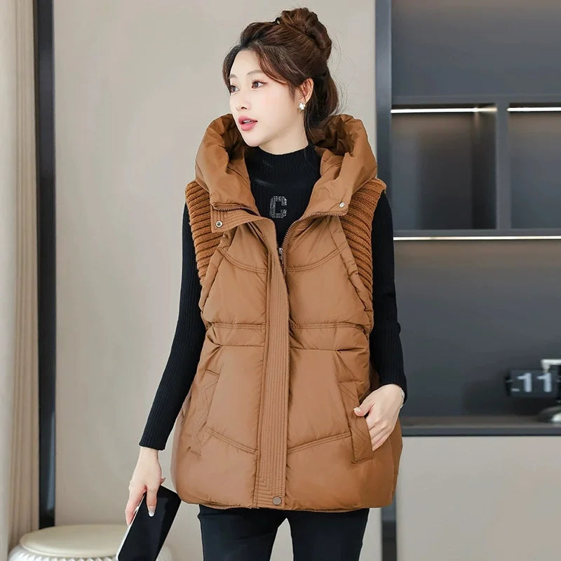 Winter Down Cotton Vest Jacket Women 2025 New Sleevele Jacket Hooded Parkas Warm Vest Coat Female Waistcoat Overcoat Ladies Tops