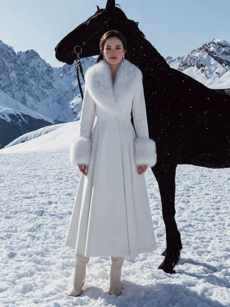 Women Wool Blend Coat Faux Fur Collar And Cuffs Fitted Waist Flared Maxi Silhouette Outerwear Winter Elegant Street Overcoat