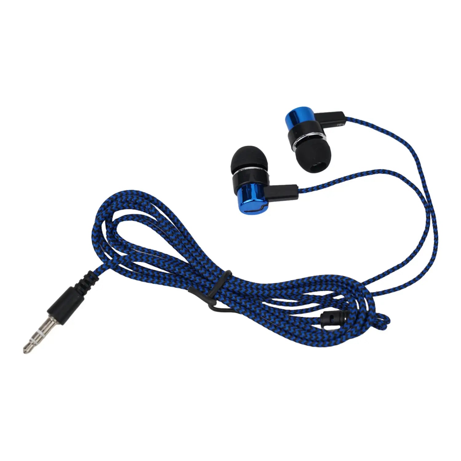 Blaue und schwarze Bass-Stereo-Kopfhörer für den In-Ear-Bereich mit geflochtenem Kabel und Lautstärkeregelung für ein verbessertes Stereo-Kopfhörerlebnis mit 3,5-mm-Anschluss.