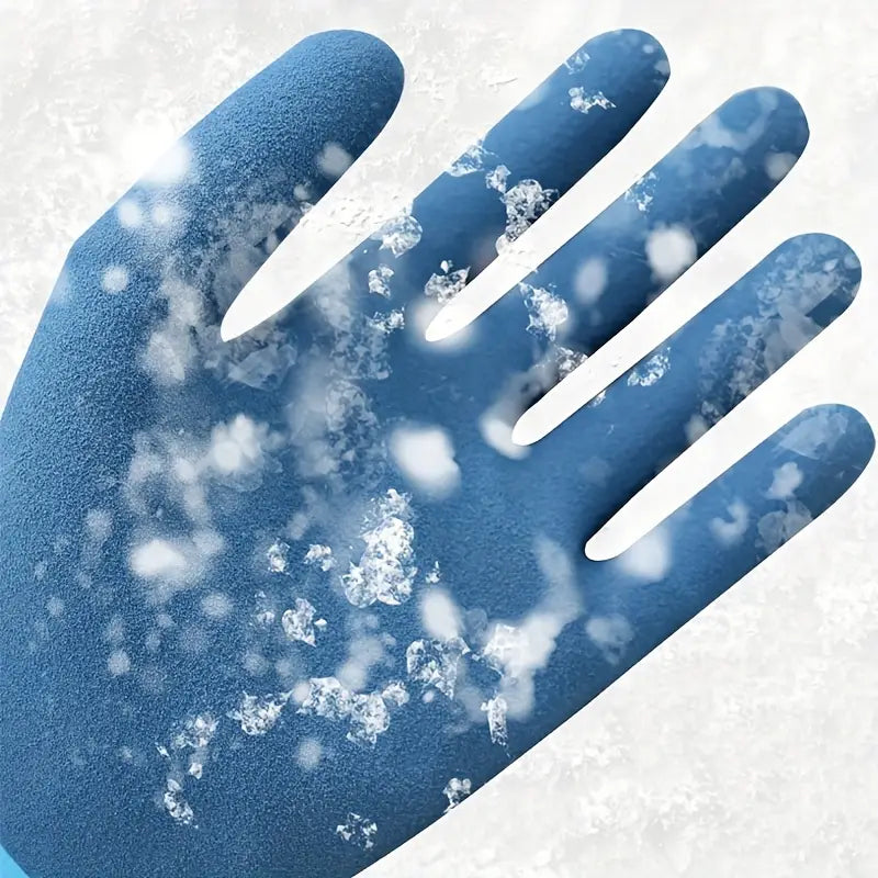 Blauer strukturierter wasserdichter Winter-Arbeitshandschuh für Herren mit frostigen Schneeflockenmuster auf der Rückseite, entworfen für die Verwendung mit thermisch-mechanischer Ausrüstung.