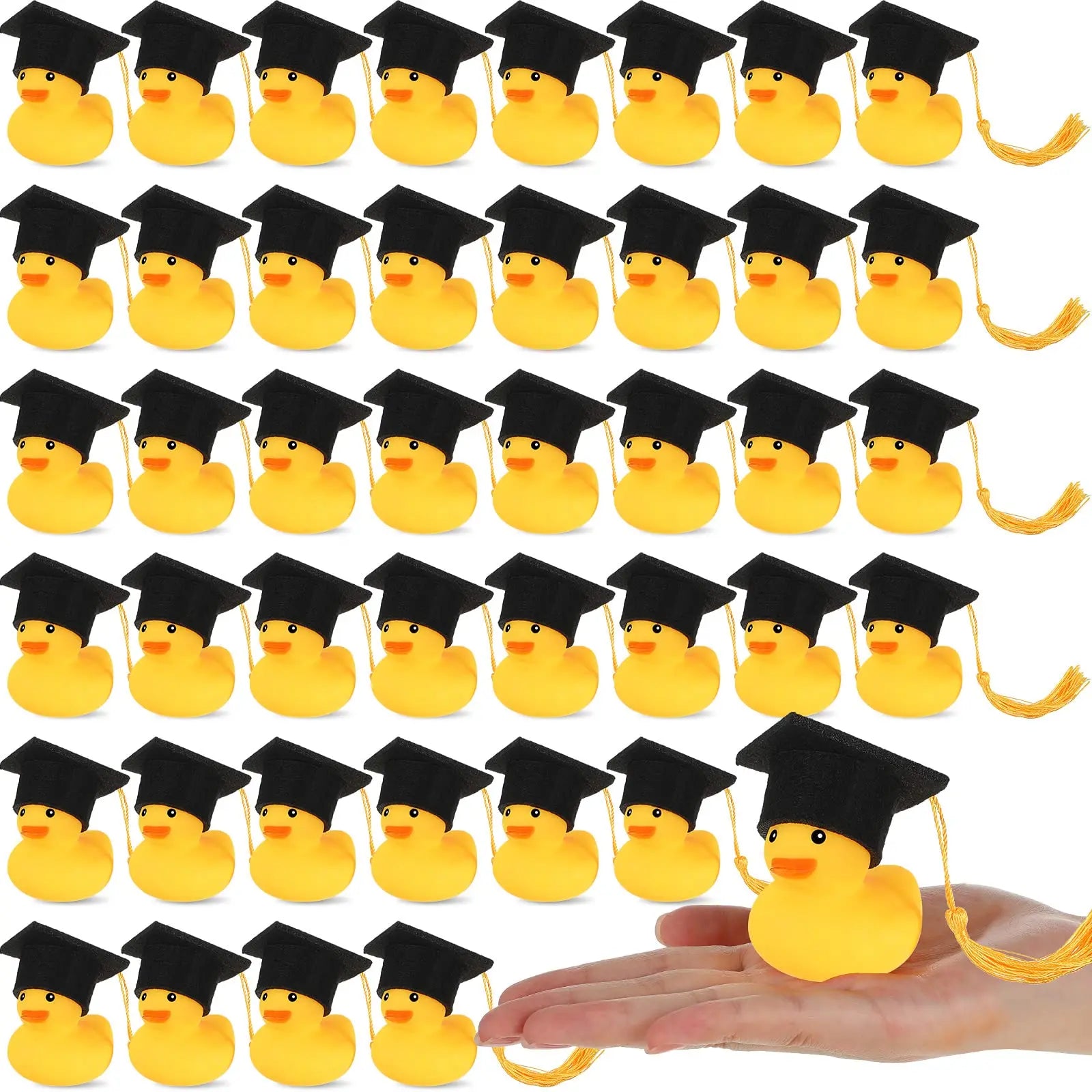 Yellow rubber duck wearing a black graduation cap with a gold tassel from the graduation rubber ducks with cap product line.