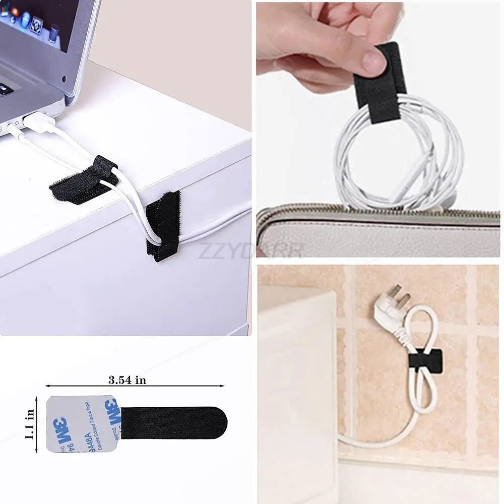 black 3m adhesive cable tie with velcro strap in a 173 piece cable management kit for securing and organizing cords.