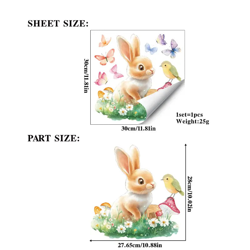 cute beige and white bunny wall decal surrounded by colorful butterflies green bird mushrooms and daisies as part of easter bunny window decals colorful egg glass stickers for festive decoration