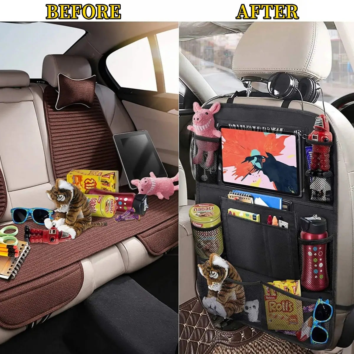 Schwarzer Rücksitz-Organizer für den Autositz mit mehreren Taschen und Netz-Fächern zur Aufbewahrung eines Tablets, Wasserflaschen, Snacks und Stofftieren, mit Tablet-Halterung für eine praktische Aufbewahrung im Fahrzeug.