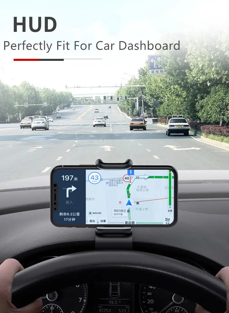 Black smartphone mounted on a car dashboard in a 360 rotatable universal car phone holder displaying hud navigation and speed information.