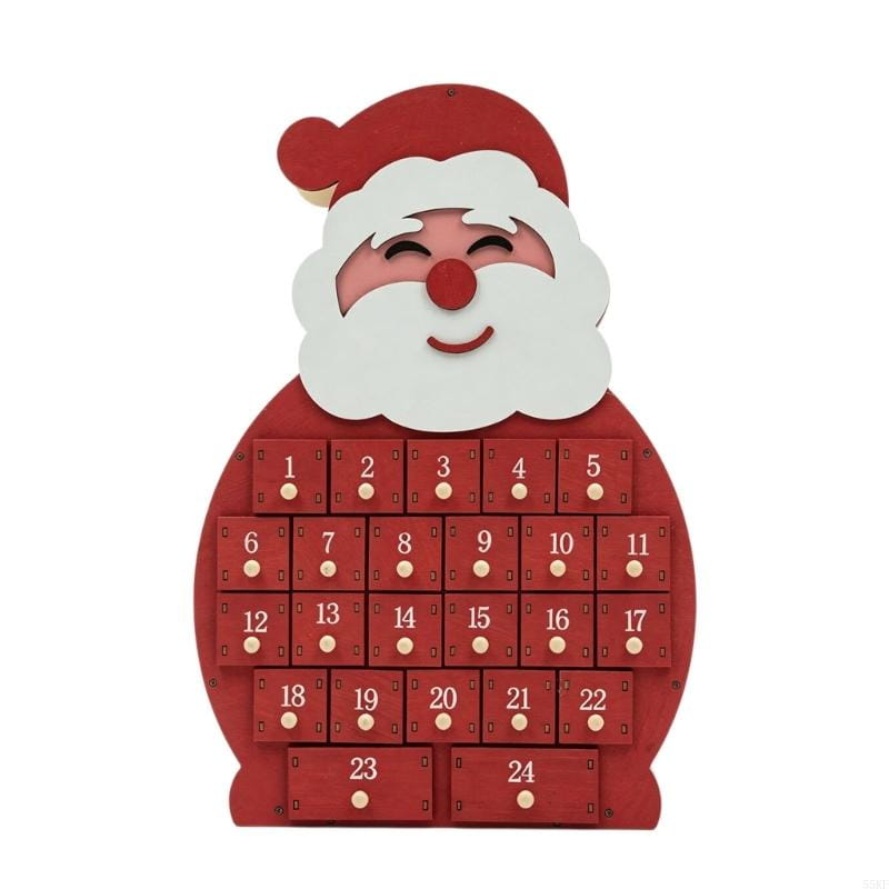 Roter Holz-Weihnachtsmann-Adventskalender in Weihnachtsmannform mit LED-nummerierten Schubladen für Countdown und Dekoration in der Weihnachtszeit.