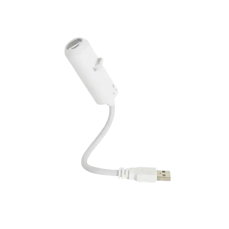 White usb-powered night light with bendable silicone gooseneck and compact cylindrical head for multiple interchangeable projection