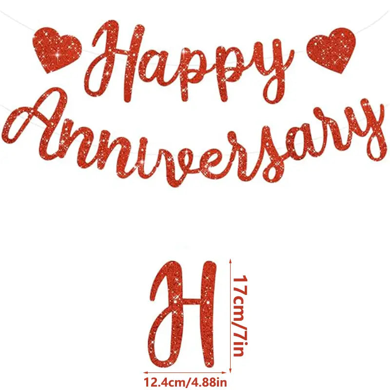 Red glittery happy anniversary banner with heart accents for party decoration glitter sign.