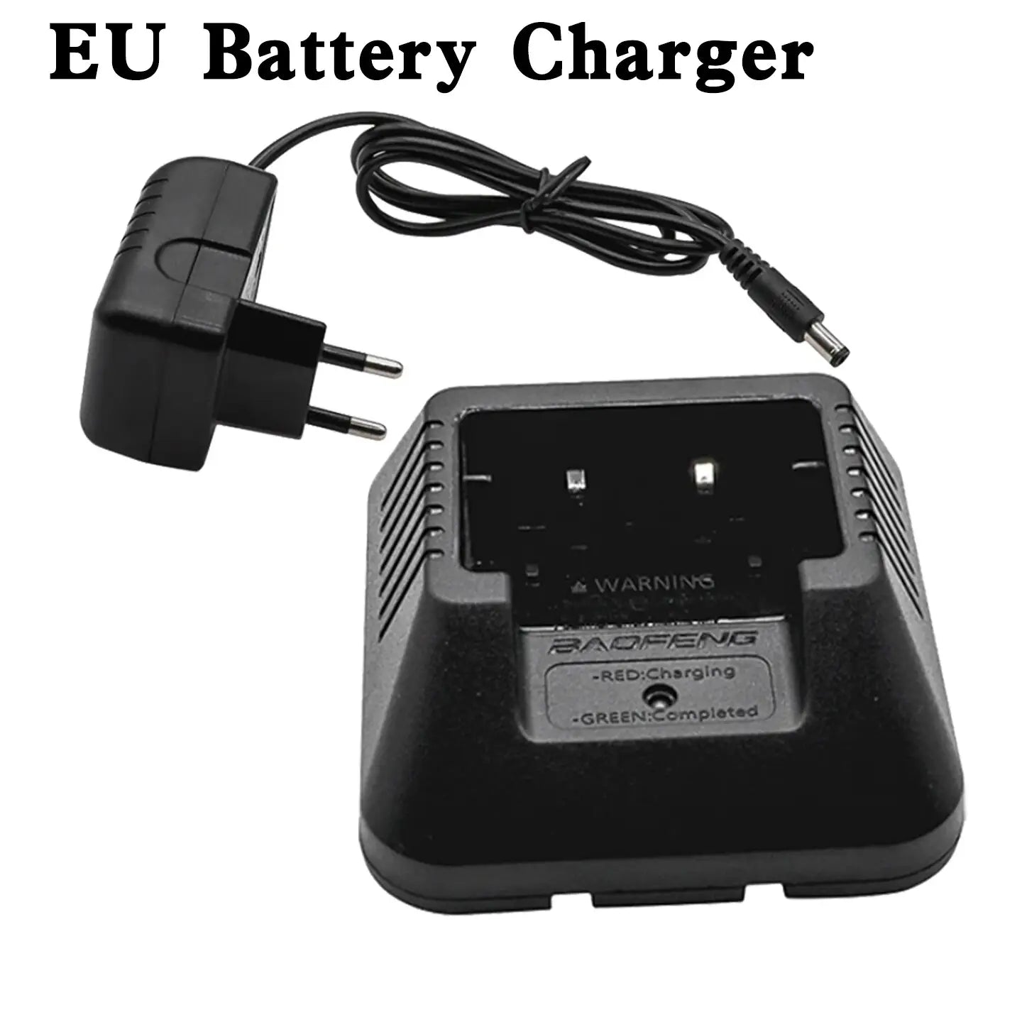 Black plastic uv5r li-ion charger with molded power adapter and rectangular charging cradle featuring ventilation slots indicator lights and raofeng branding for baofeng walkie talkie use