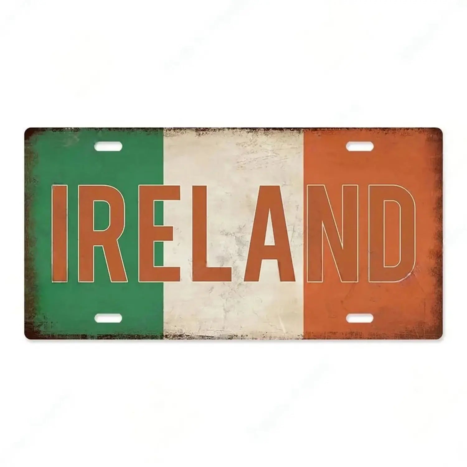 Vintage-style metal license plate featuring the Irish flag with distressed edges and bold orange lettering spelling Ireland designed as wall decor.