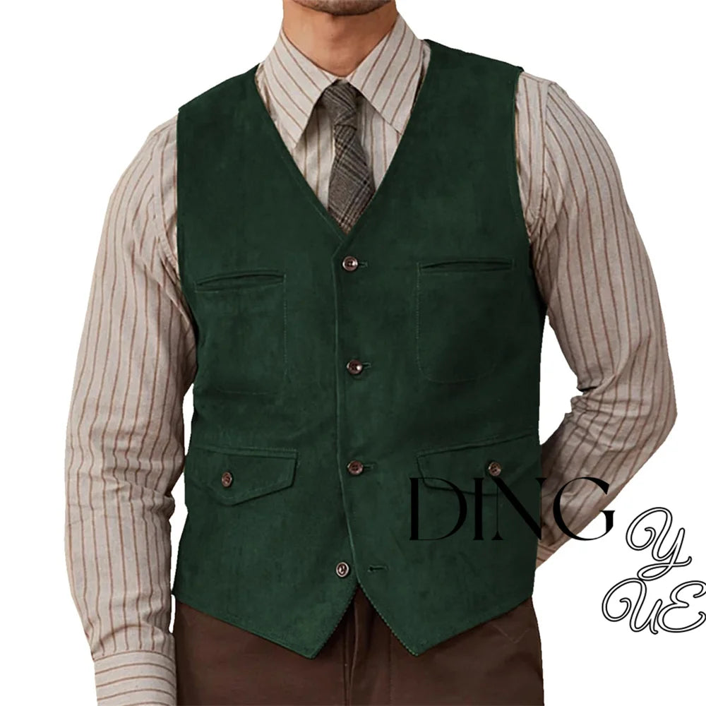 Olive green suede western vest featuring four front pockets and matching buttons in dark green suede.