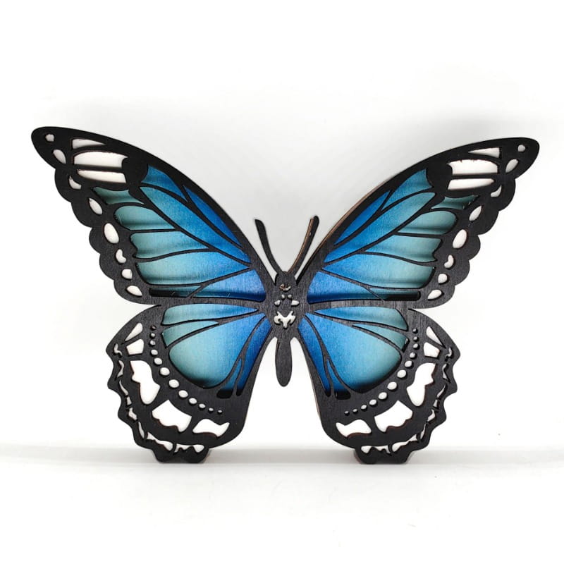 wooden butterfly led light tabletop decor featuring a blue gradient butterfly with black cutout edges crafted from wood.