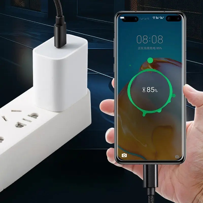 white usb-c wall charger with multiple outlets featuring a black 60w usb-c fast charging cable type-c to type-c plugged into the front side