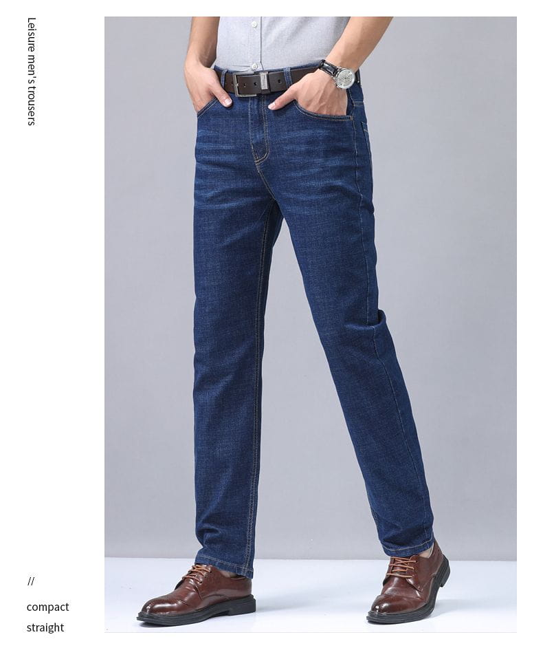 Men’s stretch cotton straight jeans in dark blue denim with classic stitching and a casual trouser design.