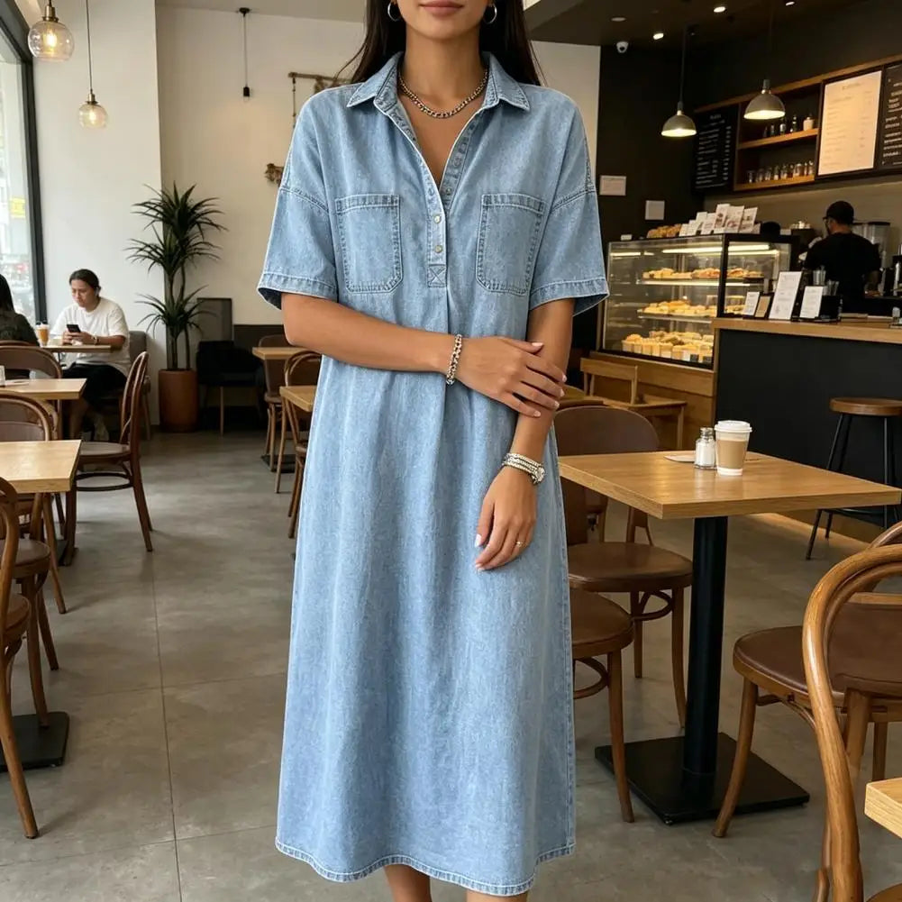 Women's Vintage Denim Shirt Dress Casual Short Sleeve Button Up Jean A-Line Long Dress with Pockets Commuting Style Midi Dress