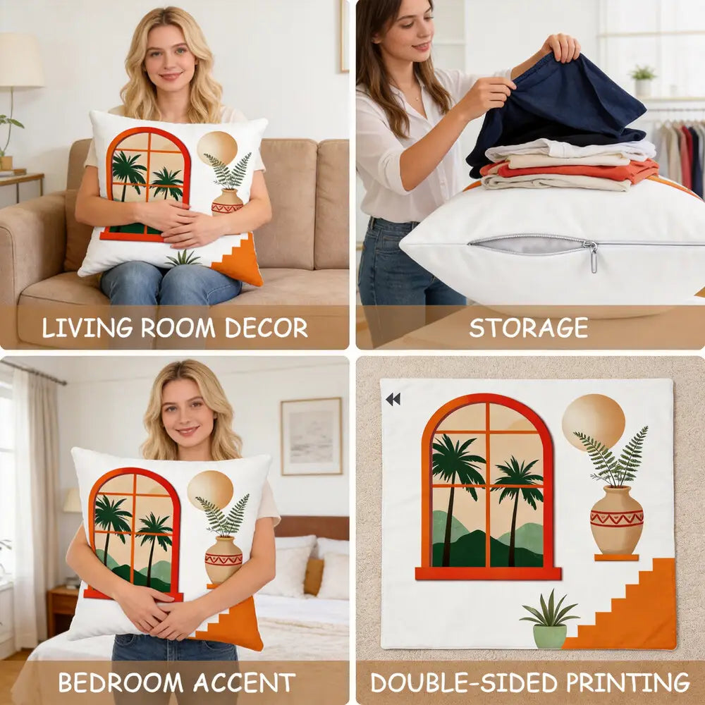 white throw pillow with vibrant orange and green tropical palm tree and fern design featuring an arched window pattern from the boho geometric throw pillow covers set of 4