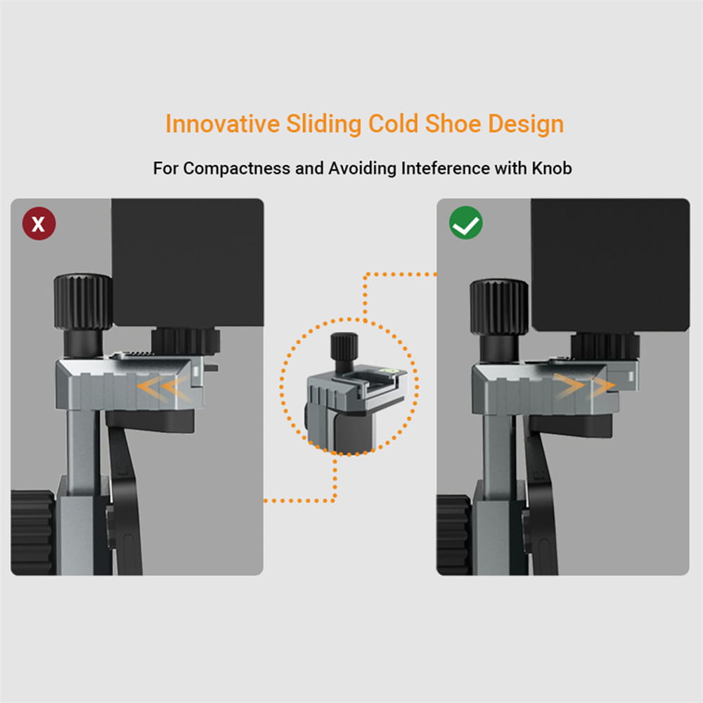gray metallic sliding cold shoe mount with black knurled knob for camera accessory attachment on a universal tripod mount adapter aluminum tablet clamp