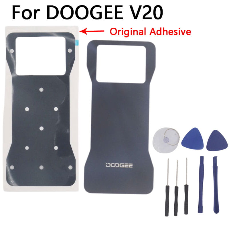 black adhesive screen replacement kit showing the back side for doogee v20 smartphone battery cover designed for doogee v20 battery replacement and v20 battery maintenance.
