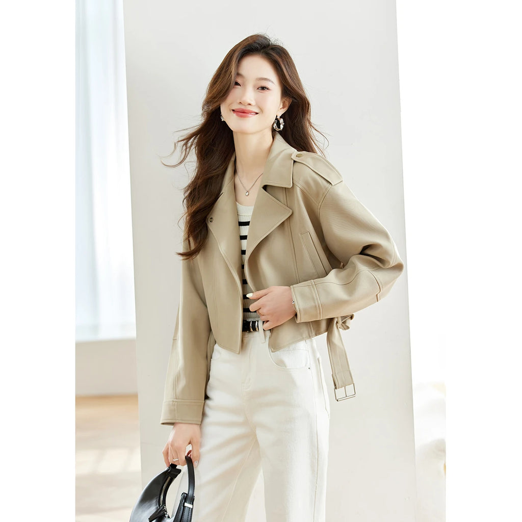 Women's Short Trench Coat Autumn 2026 Single Buttom Belted Turn-Down Collar Jackets Casual Fashion Versatile Outerwear 16698