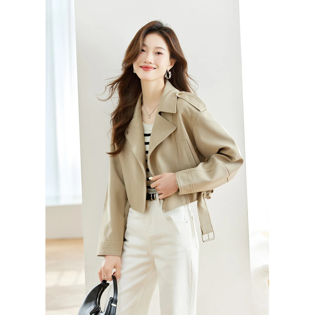 Women's Short Trench Coat Autumn 2026 Single Buttom Belted Turn-Down Collar Jackets Casual Fashion Versatile Outerwear 16698