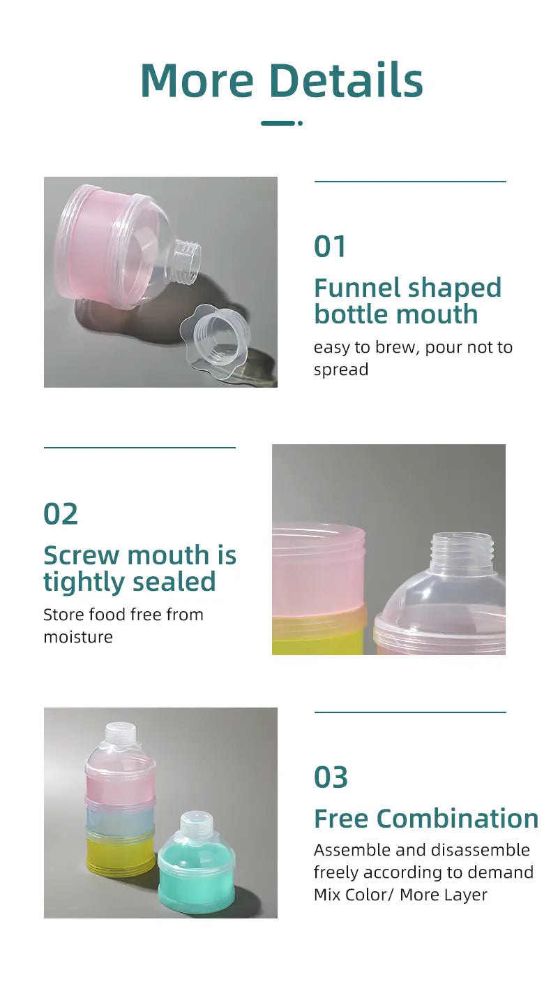 ピンクおよび半透明のプラスチック製4層ベビーミルク用ディスペンサー兼スナック容器で、ねじ込み式のフタにより確実に密閉でき、湿気の侵入を防ぎます。