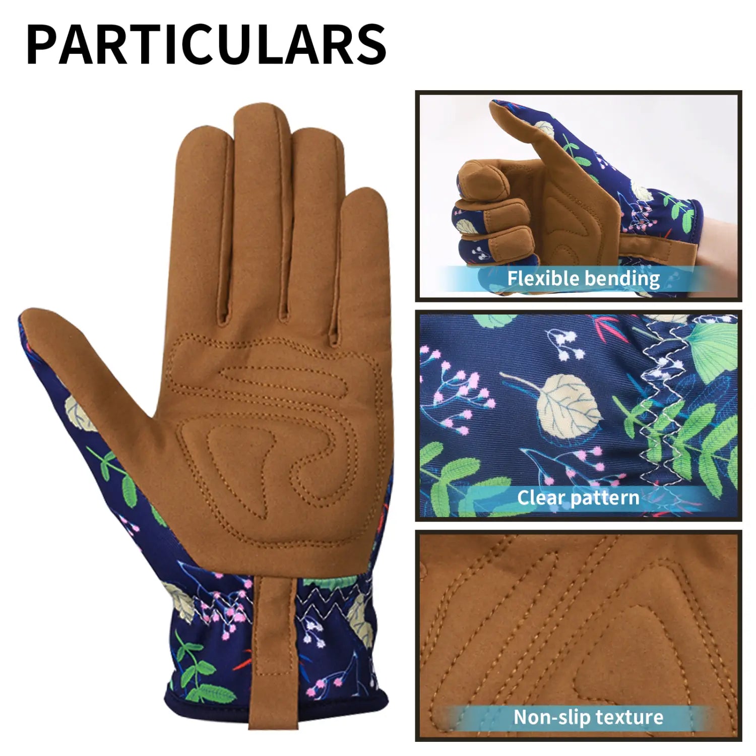 Gants de jardinage floraux pour femmes en marron et bleu marine, avec motif floral et matériau respirant anti-épines, comportant des renforts de paume.