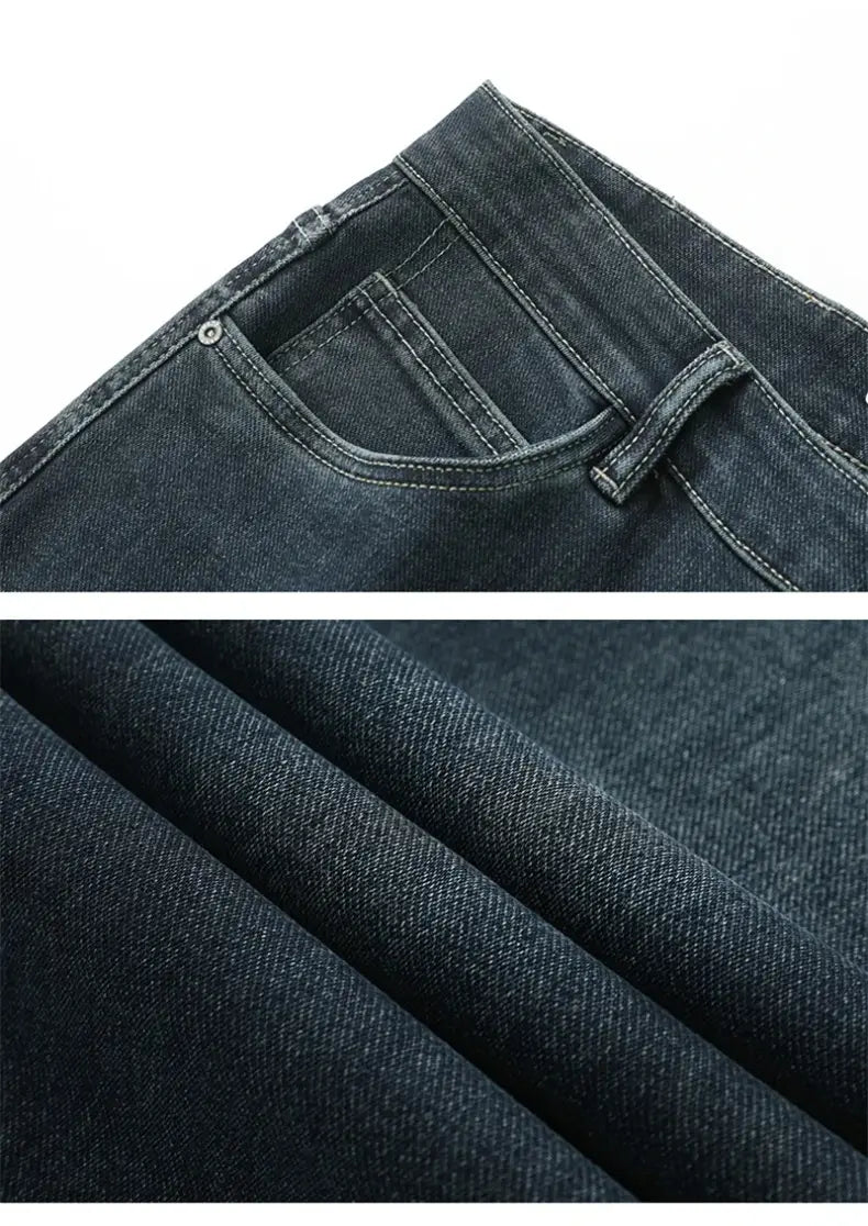 Men’s loose straight business casual jeans in dark-wash denim with a classic five-pocket design and visible stitching.