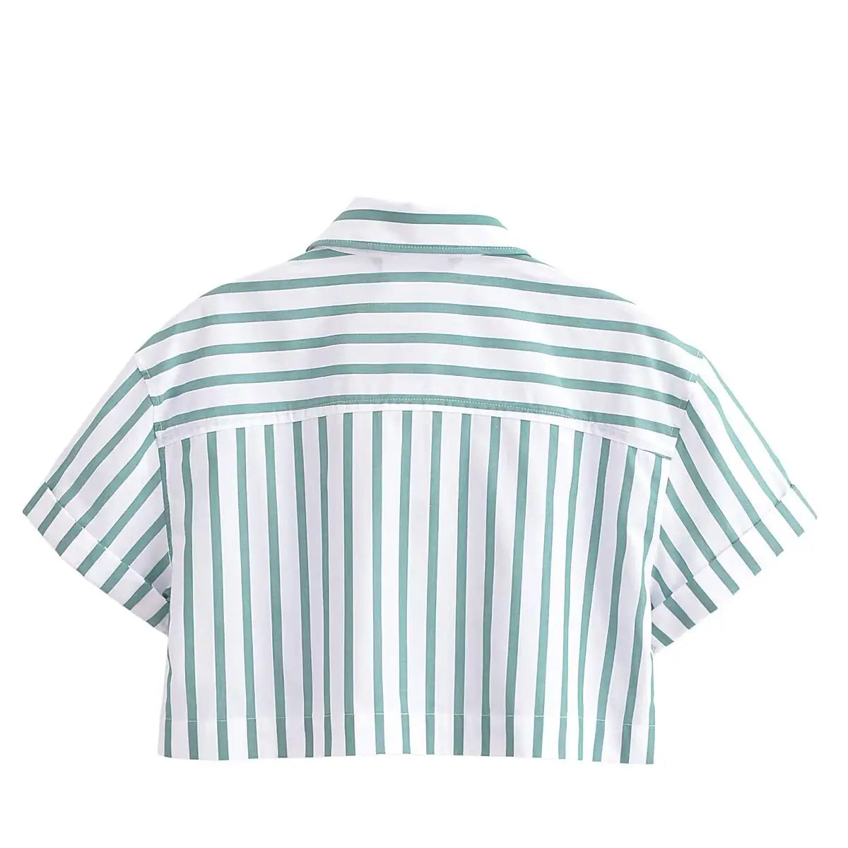 A short-sleeved cropped shirt with a collar featuring vertical green and white stripes.