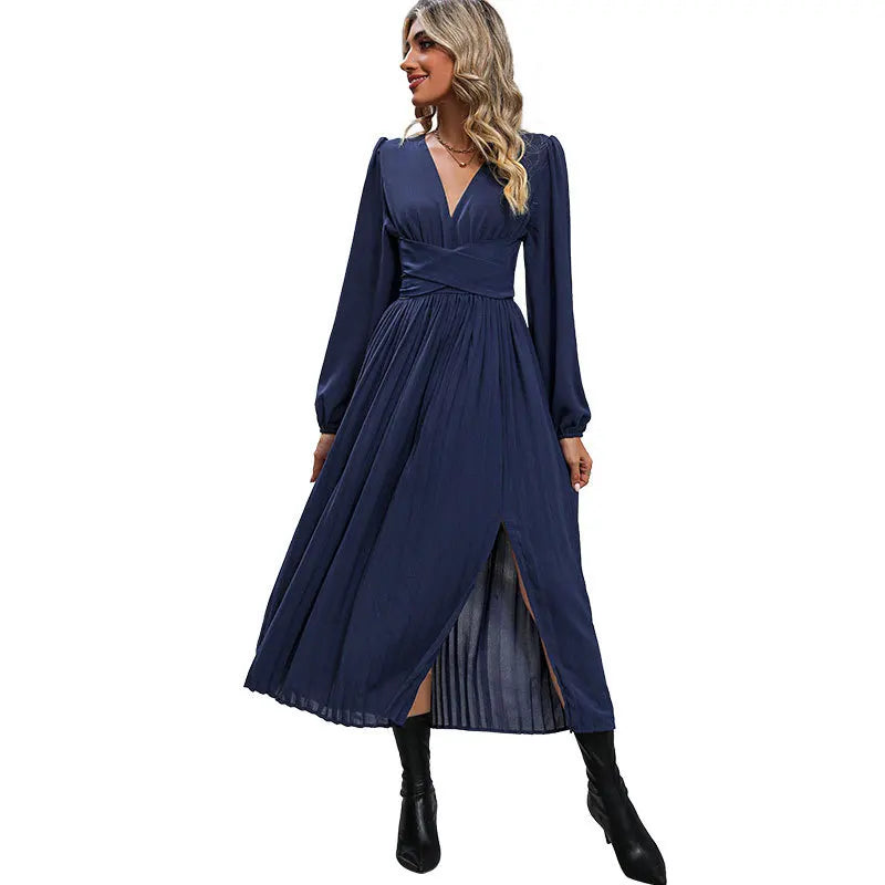 Elegant Party Dresses Woman Autumn and Winter Solid Color V Neck Long Sleeve Midi Dress with Side Slit Waist Wrap